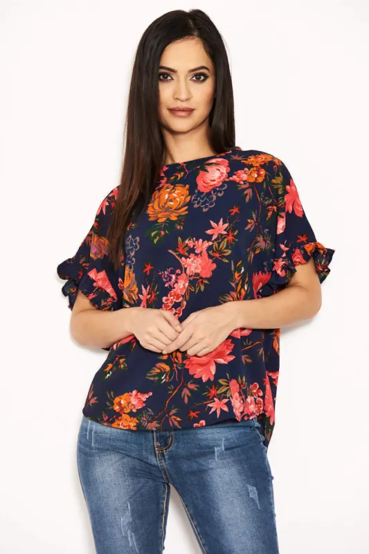 Navy Floral Frill Sleeved Top sold by AX Paris