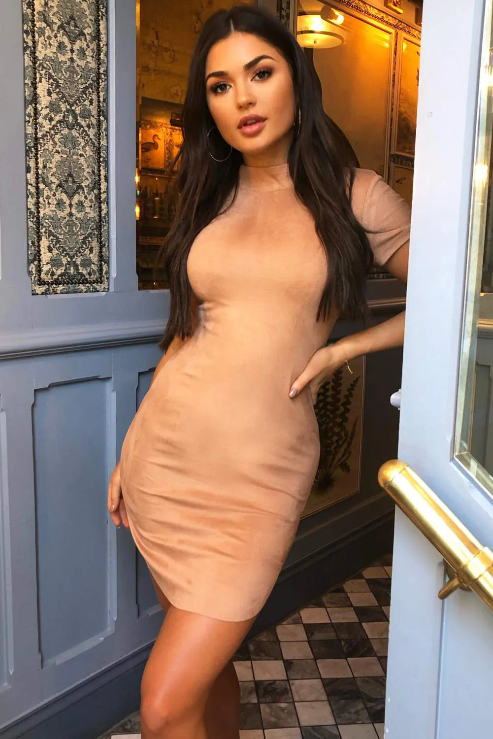 Mink Faux Suede Mini Dress with High Neck sold by AX Paris