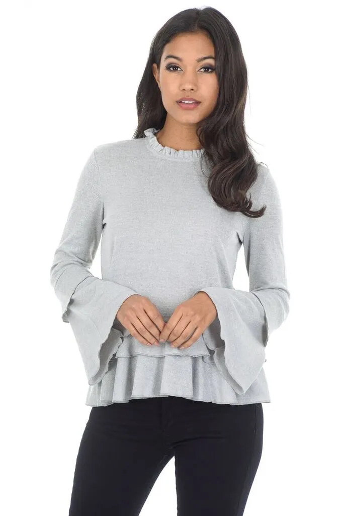 Silver High Neck Bell Sleeve Top sold by AX Paris