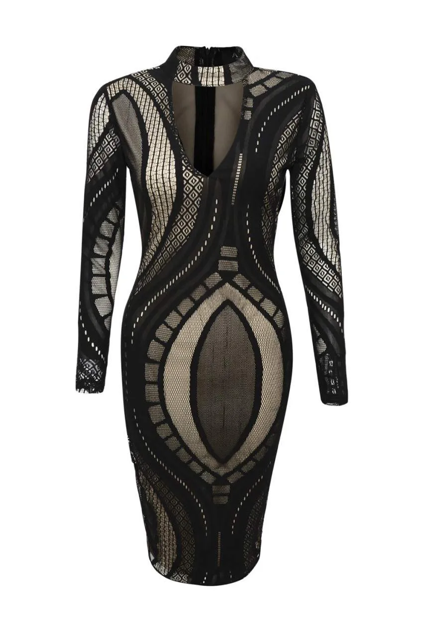 Black/Nude Mesh Bodycon Dress with Contrast Cut-Out-Neck Style sold by AX Paris product image thumbnail 4