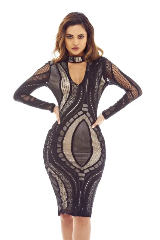 Black/Nude Mesh Bodycon Dress with Contrast Cut-Out-Neck Style sold by AX Paris