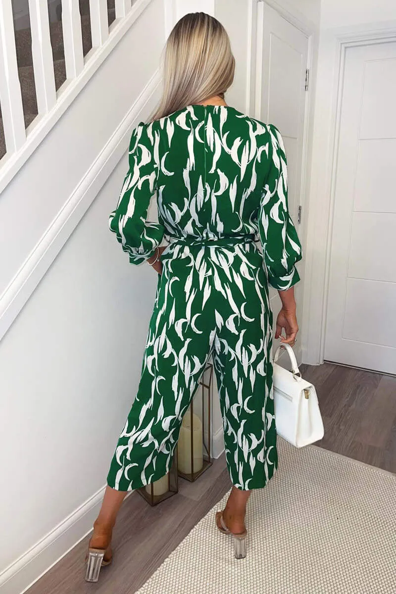 Green And White Printed Belted Jumpsuit sold by AX Paris product image thumbnail 4