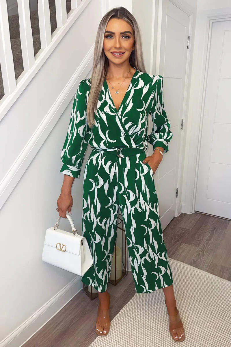 Green And White Printed Belted Jumpsuit sold by AX Paris