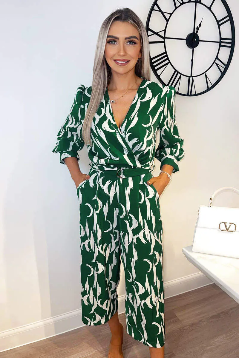 Green And White Printed Belted Jumpsuit sold by AX Paris product image thumbnail 2