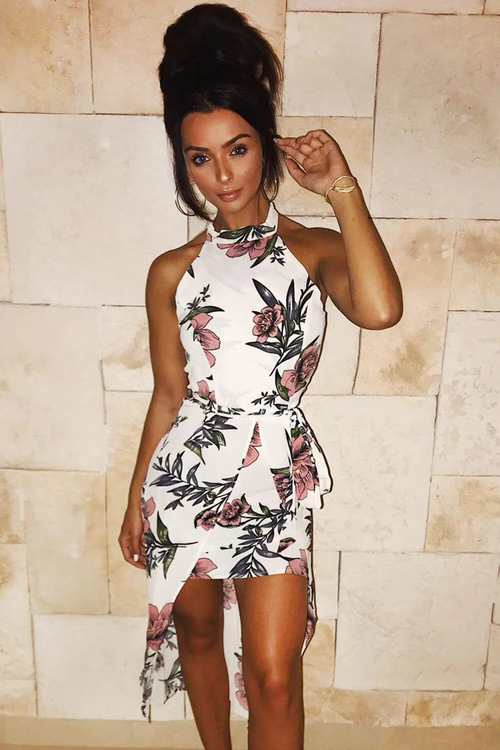 Cream Floral Wrap Over Skirt Dress sold by AX Paris