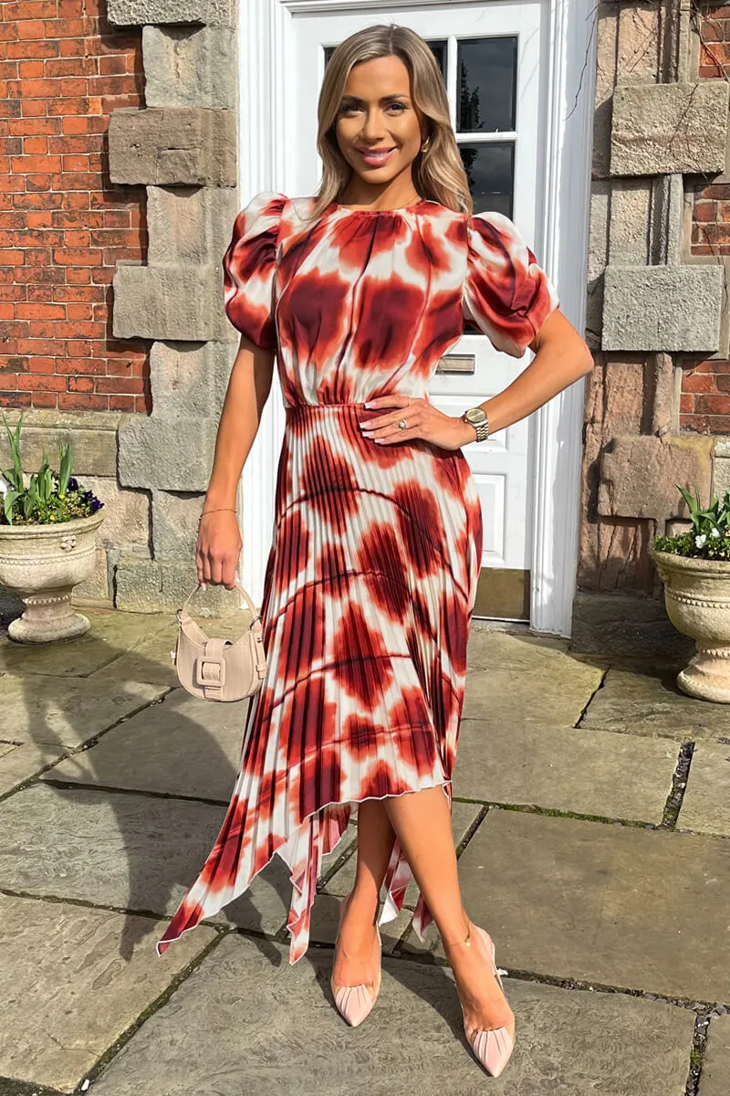 Rust Printed Puff Sleeve Zig Zag Hem Pleated Midi Dress sold by AX Paris product image thumbnail 4