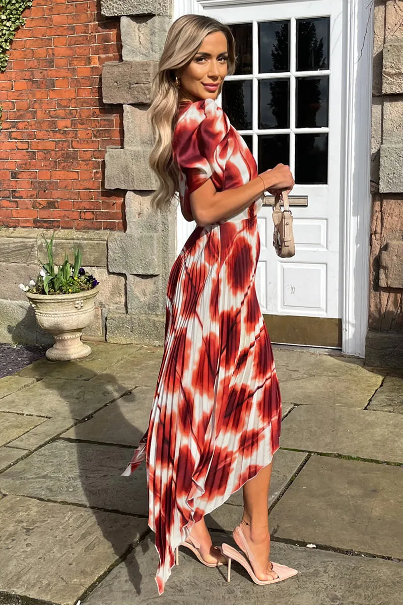 Rust Printed Puff Sleeve Zig Zag Hem Pleated Midi Dress sold by AX Paris product image thumbnail 5