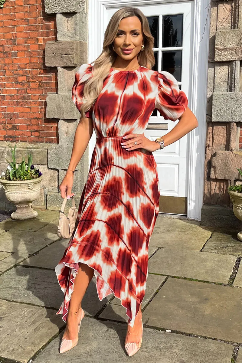 Rust Printed Puff Sleeve Zig Zag Hem Pleated Midi Dress sold by AX Paris product image thumbnail 2