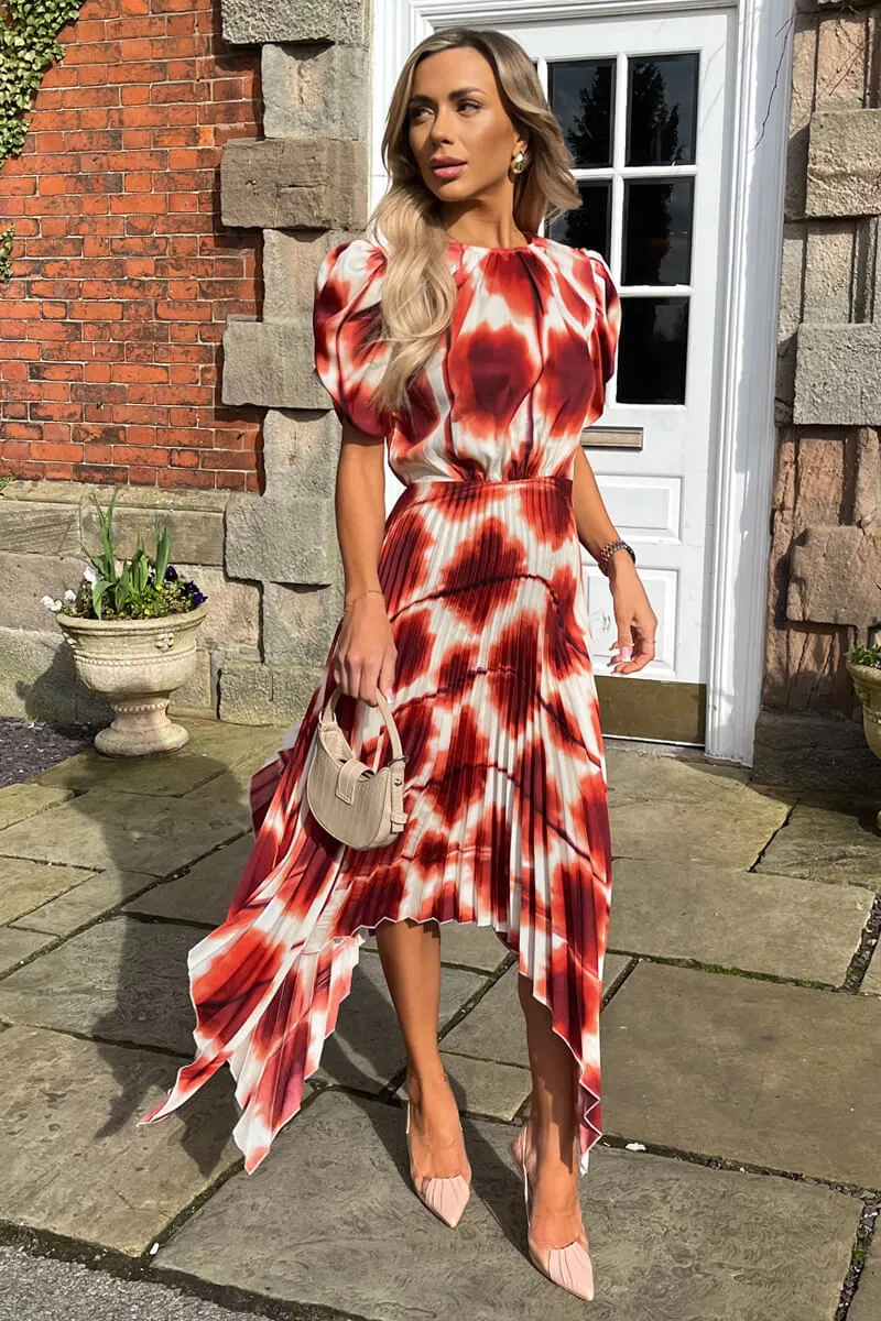 Rust Printed Puff Sleeve Zig Zag Hem Pleated Midi Dress sold by AX Paris product image thumbnail 3