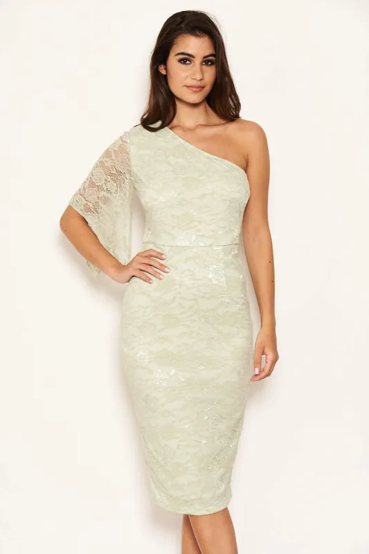 Sage Lace One Shoulder Midi Dress sold by AX Paris