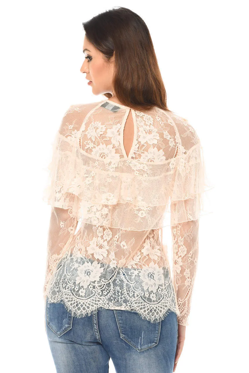 Champagne Long Sleeved Lace Frill Top sold by AX Paris product image thumbnail 3