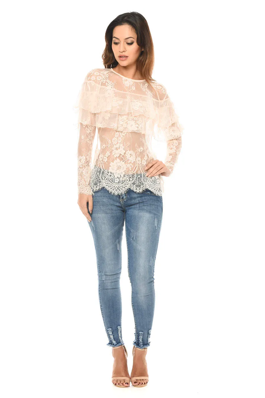 Champagne Long Sleeved Lace Frill Top sold by AX Paris product image thumbnail 2