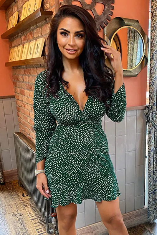 Green Spotty Ruched Cuff Wrap Dress sold by AX Paris