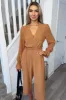 Mocha Wrap Over Elasticated Cuff Belted Jumpsuit sold by AX Paris
