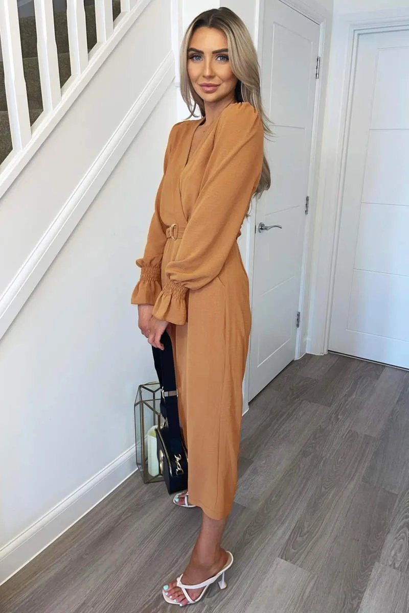 Mocha Wrap Over Elasticated Cuff Belted Jumpsuit sold by AX Paris product image thumbnail 3