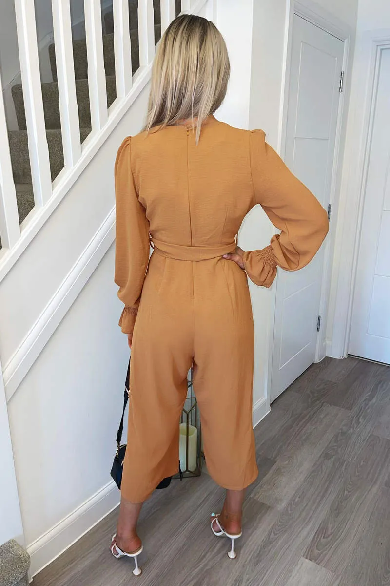 Mocha Wrap Over Elasticated Cuff Belted Jumpsuit sold by AX Paris product image thumbnail 4