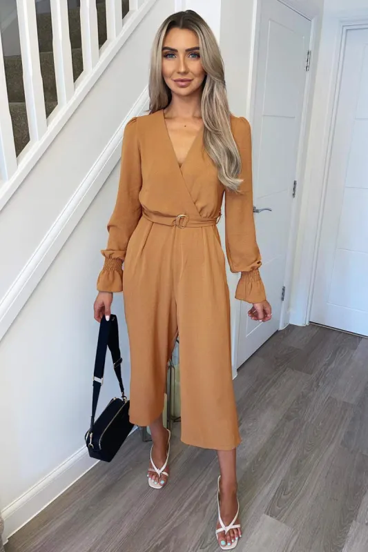 Mocha Wrap Over Elasticated Cuff Belted Jumpsuit sold by AX Paris