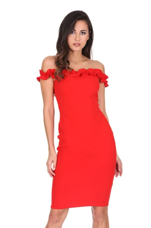 Red Ruffle Bardot Midi Dress sold by AX Paris