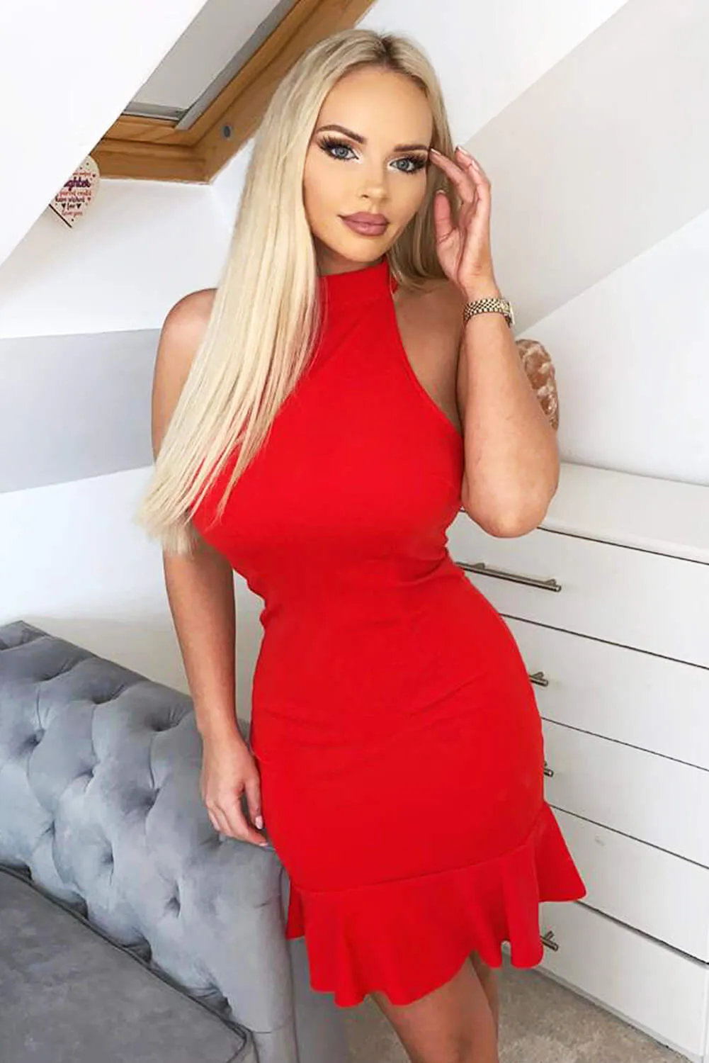 Red Cut In Neck Bodycon Frill Hem Dress sold by AX Paris