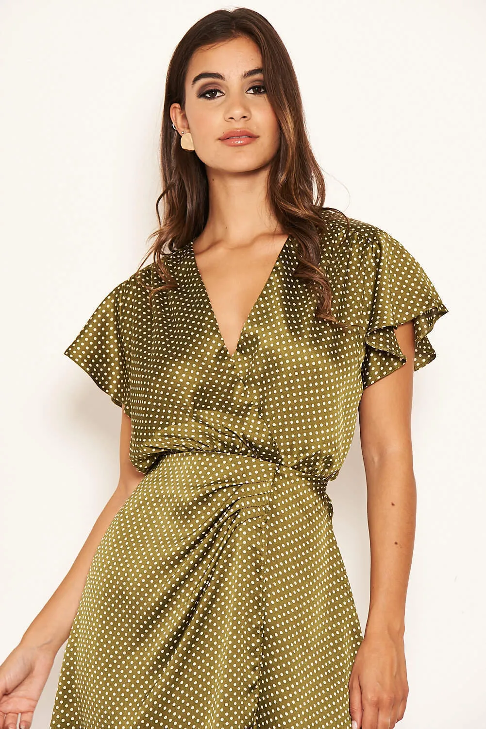 Olive Polka Dot Pleated Wrap Dress sold by AX Paris product image thumbnail 4