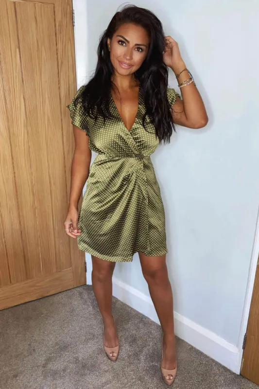Olive Polka Dot Pleated Wrap Dress sold by AX Paris