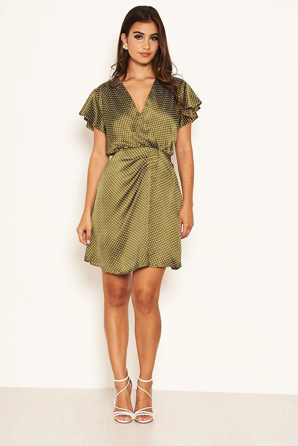 Olive Polka Dot Pleated Wrap Dress sold by AX Paris product image thumbnail 5
