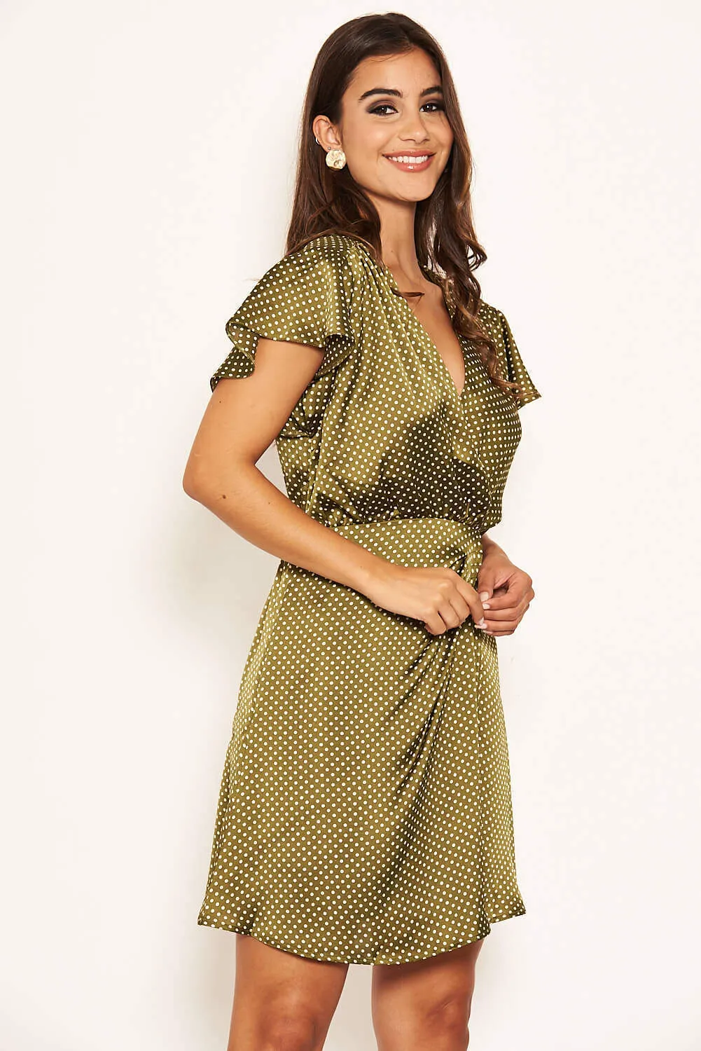 Olive Polka Dot Pleated Wrap Dress sold by AX Paris product image thumbnail 3