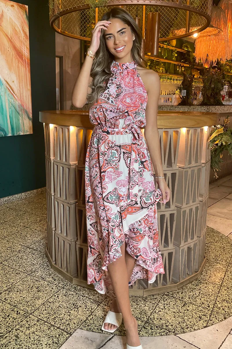 Multi Print Paisley Halter Neck Tie Waist Midi Dress sold by AX Paris