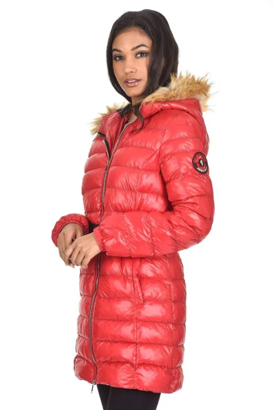 Red Wet Look Long Puffer Coat sold by AX Paris