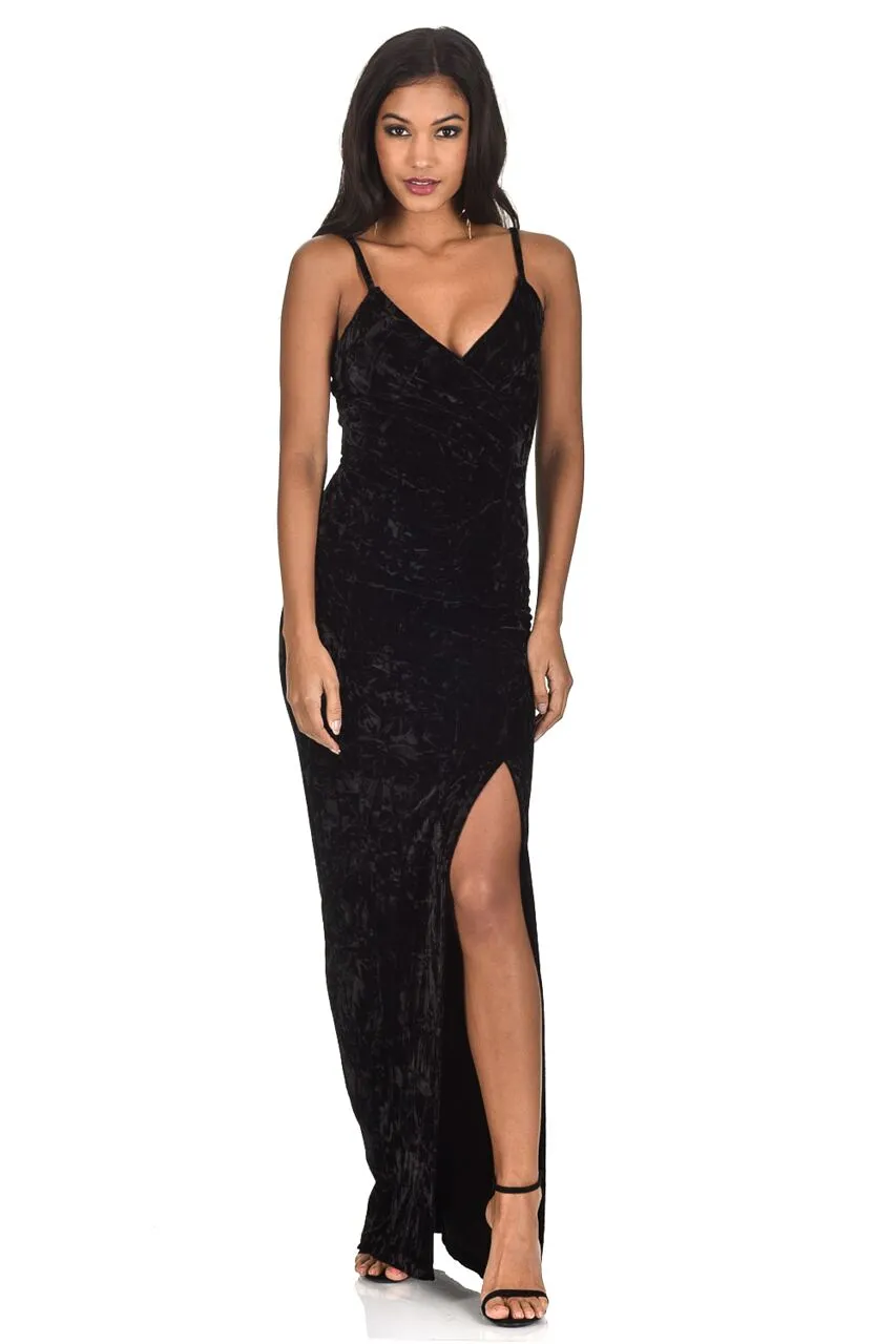 Black Velvet Wrap over Slit Dress sold by AX Paris