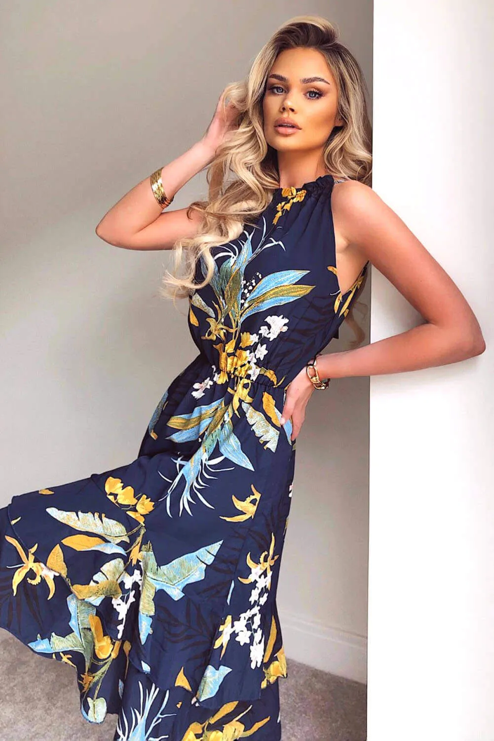 Navy Printed Midi Dress with Frilled Hem sold by AX Paris product image thumbnail 2