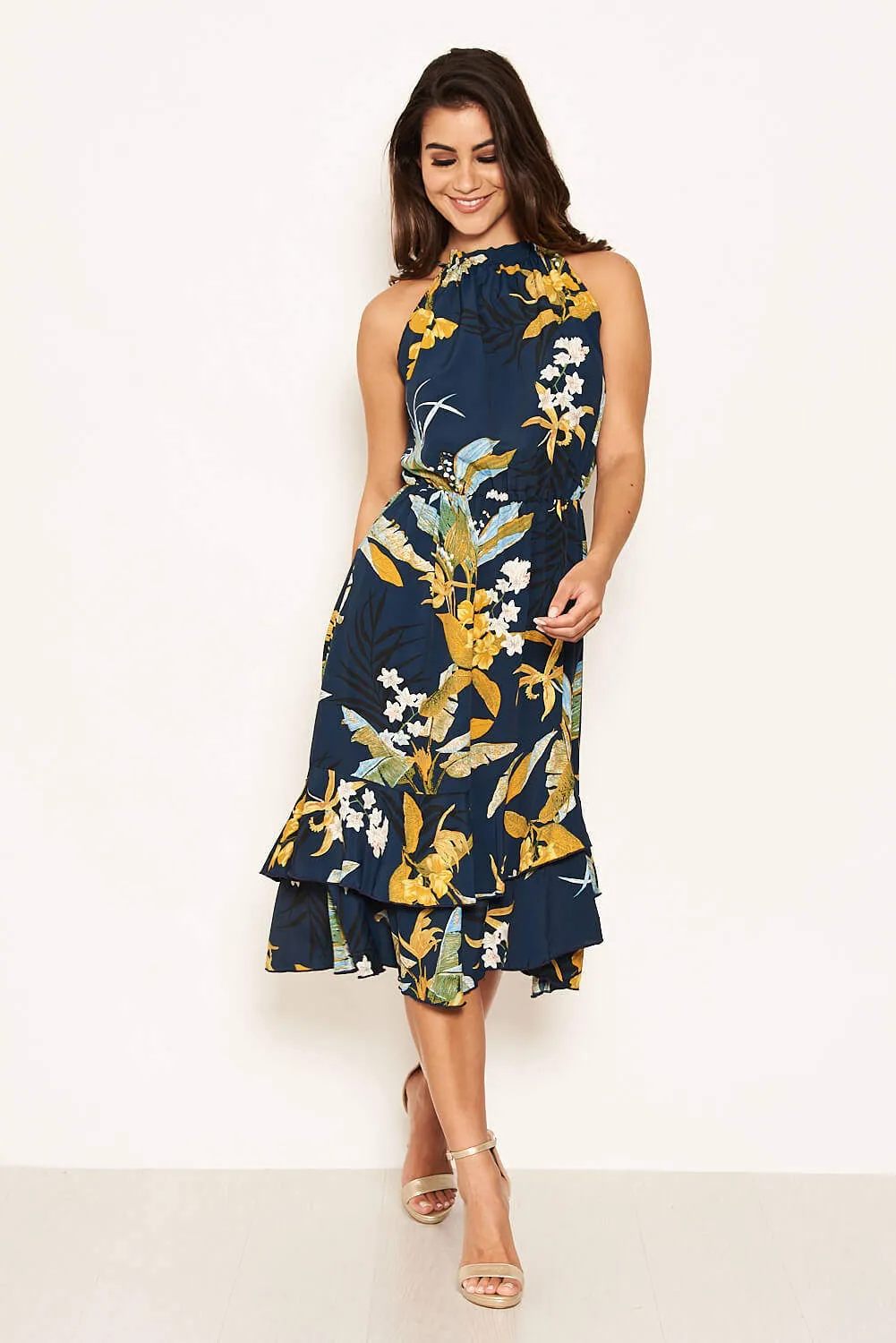Navy Printed Midi Dress with Frilled Hem sold by AX Paris product image thumbnail 4