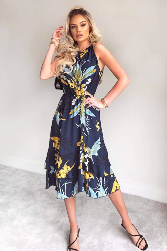 Navy Printed Midi Dress with Frilled Hem sold by AX Paris