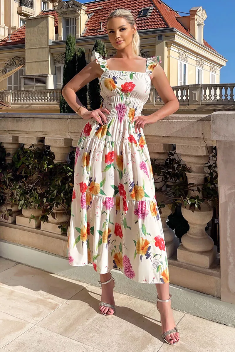 Cream Floral Printed Frill Strap Midi Dress sold by AX Paris product image thumbnail 2