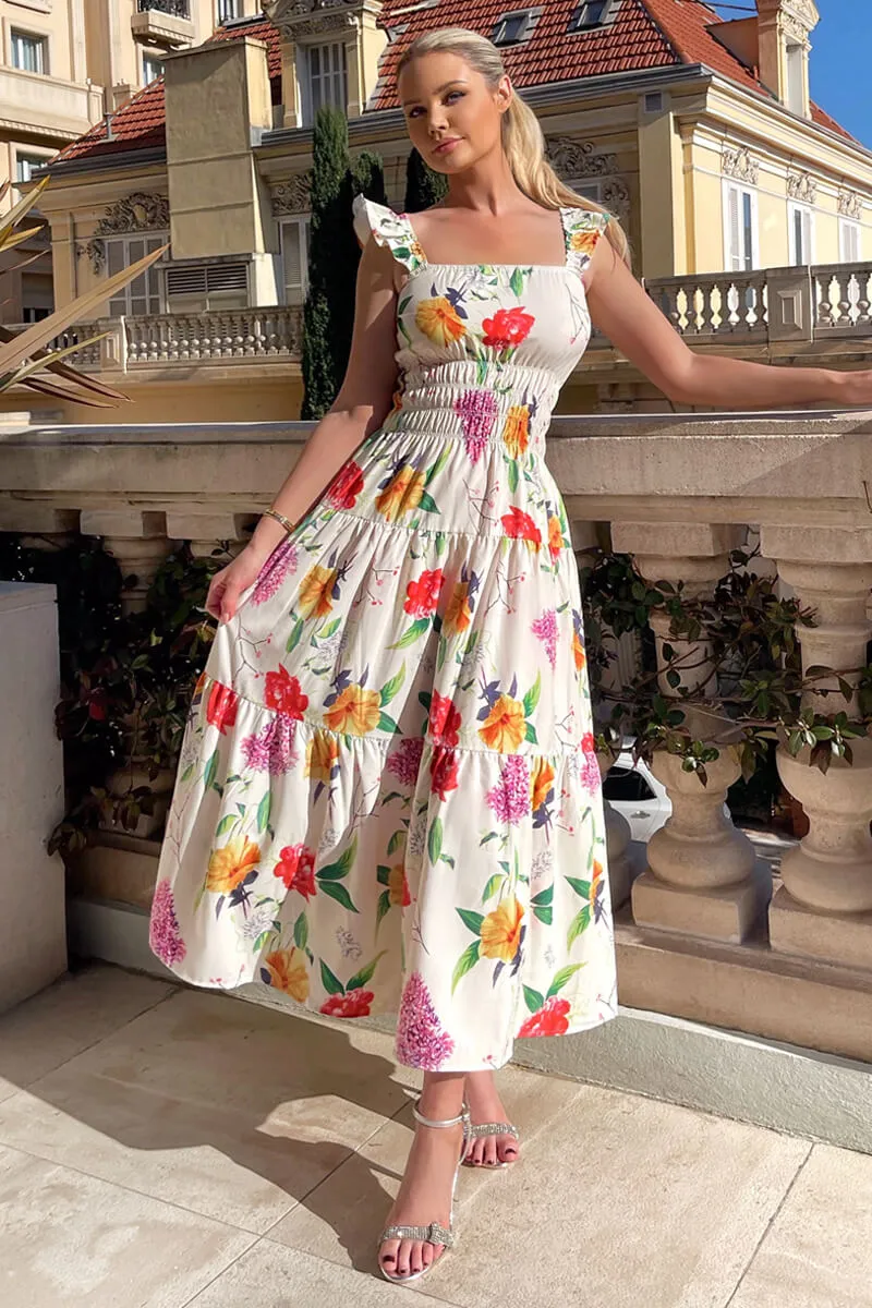 Cream Floral Printed Frill Strap Midi Dress sold by AX Paris product image thumbnail 3