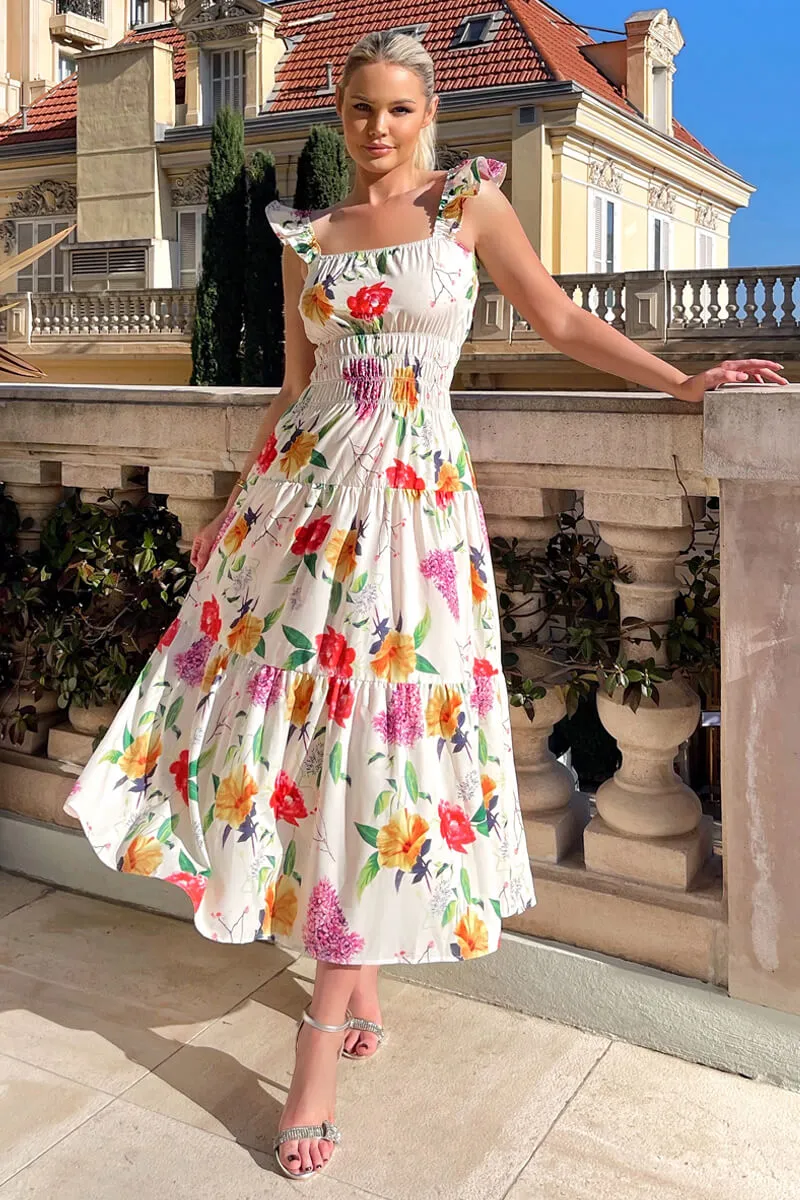 Cream Floral Printed Frill Strap Midi Dress sold by AX Paris