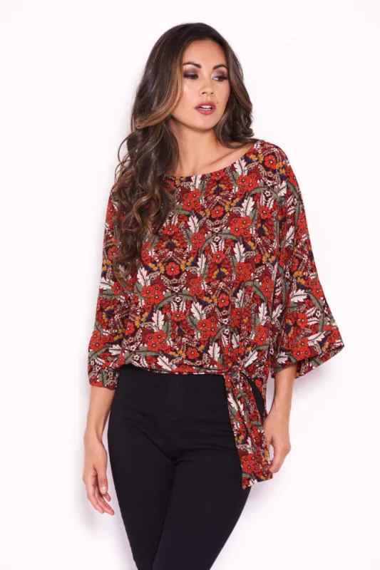 Red Floral Wide Sleeve Top sold by AX Paris