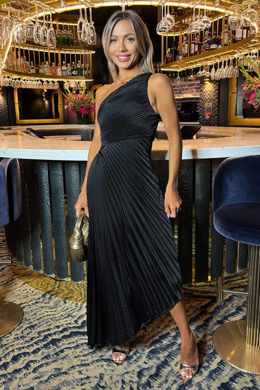 Black One Shoulder Pleated Satin Midi Dress sold by AX Paris