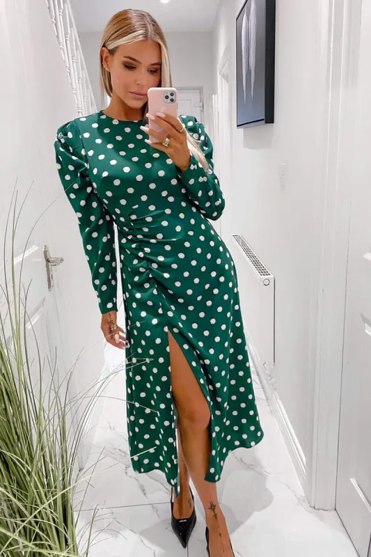 Green Spot Ruched Detail Midi Dress sold by AX Paris