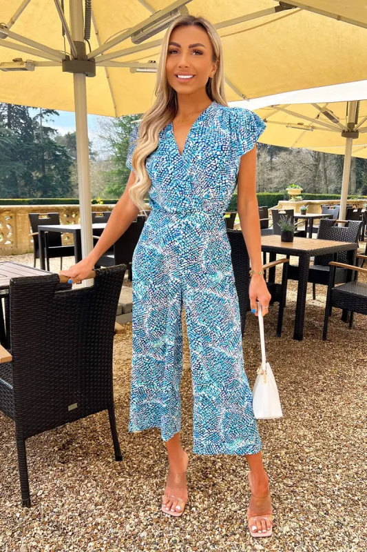 Blue Snake Print V Neck Frill Sleeve Jumpsuit sold by AX Paris
