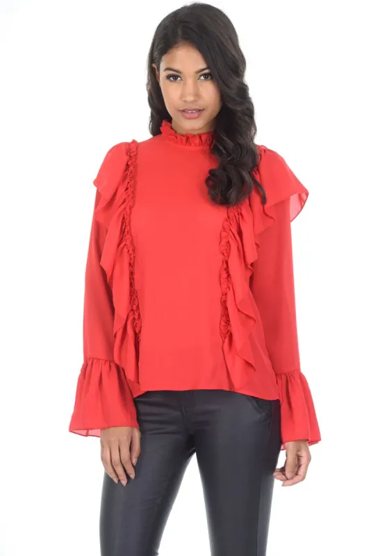 Red Frill Long Sleeved Top sold by AX Paris