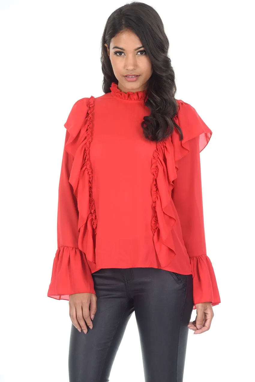 Red Frill Long Sleeved Top sold by AX Paris