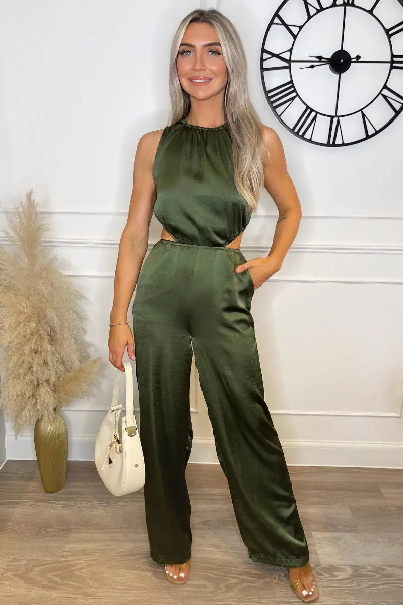 Khaki Satin Cut Out Waist Full Length Jumpsuit sold by AX Paris