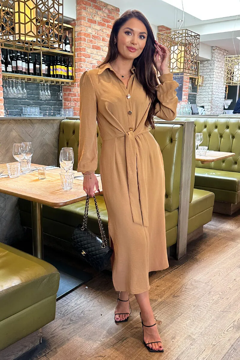Camel Button Front Tie Shirt Midi Dress sold by AX Paris product image thumbnail 3