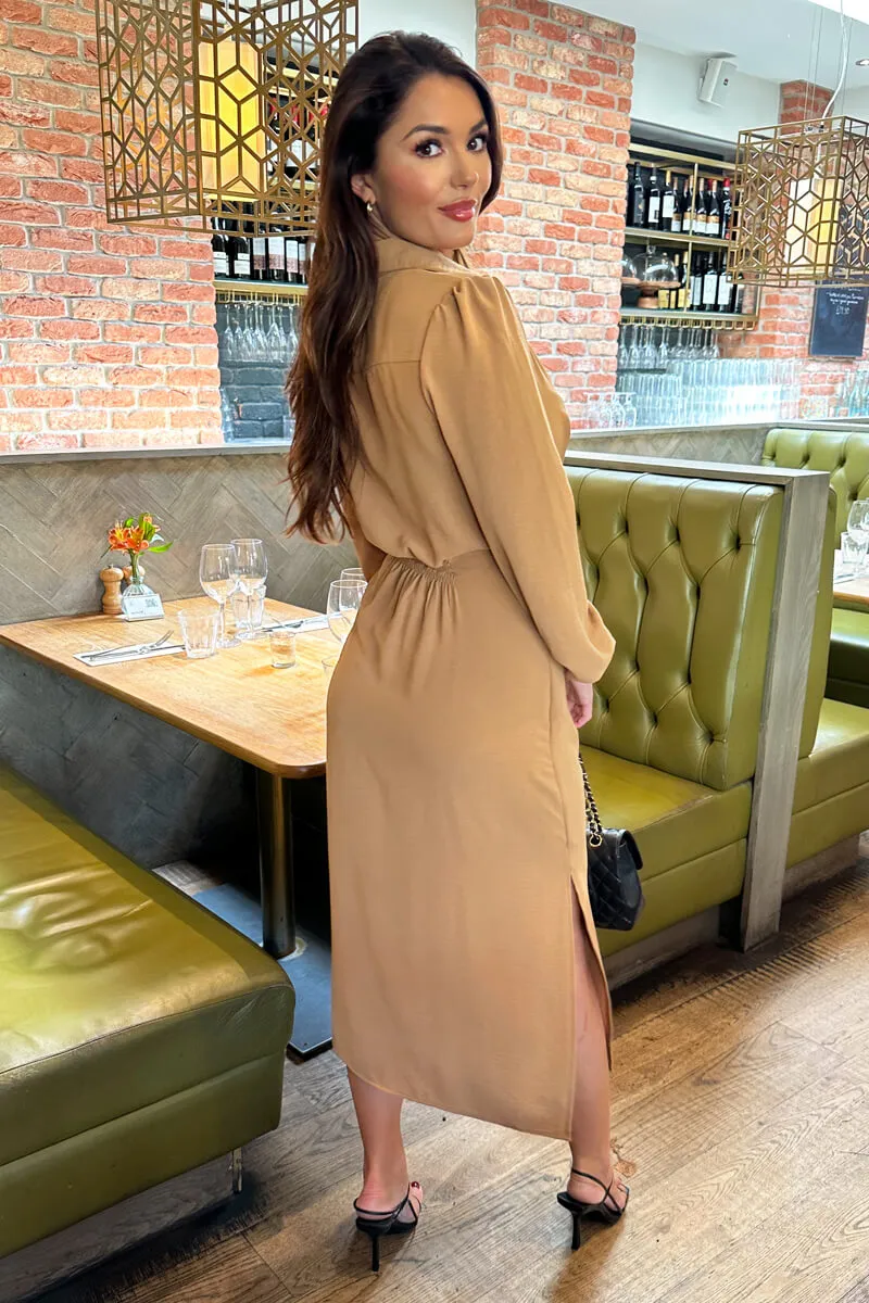 Camel Button Front Tie Shirt Midi Dress sold by AX Paris product image thumbnail 4