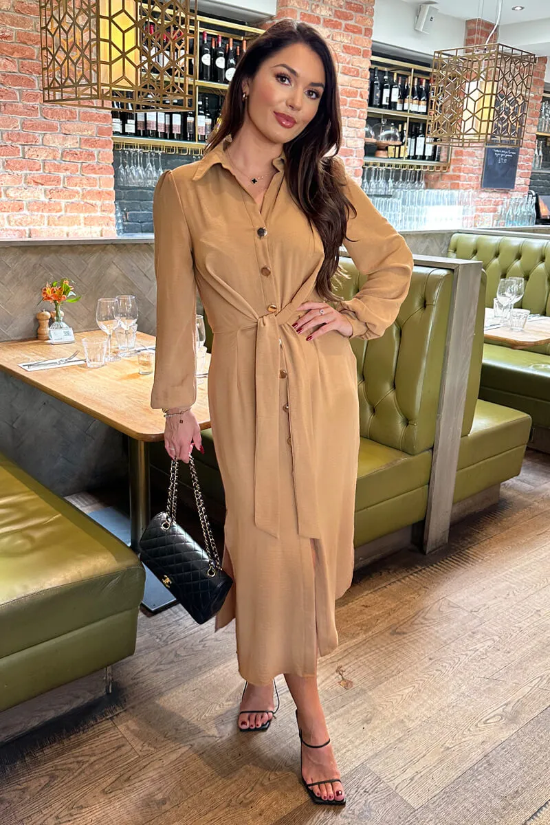 Camel Button Front Tie Shirt Midi Dress sold by AX Paris