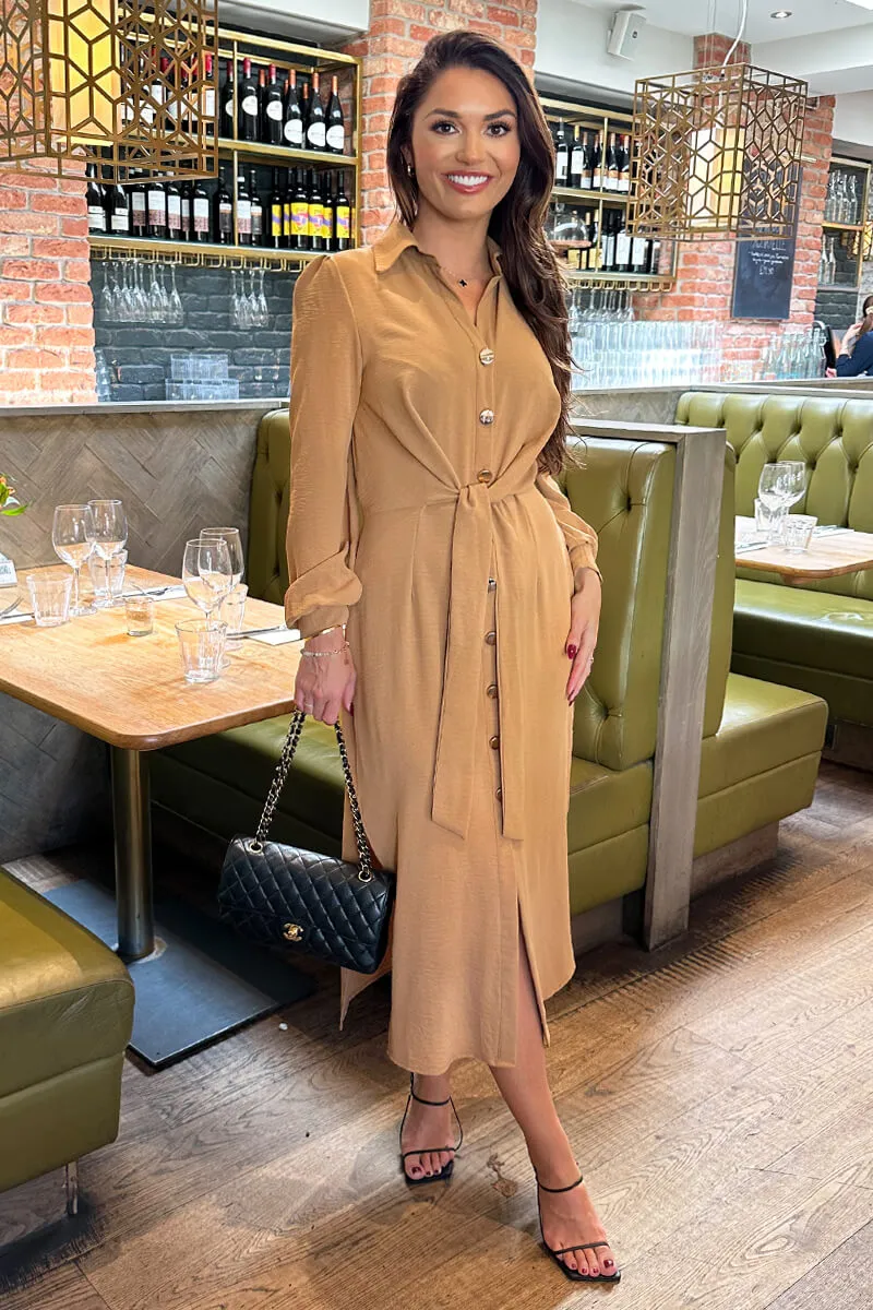 Camel Button Front Tie Shirt Midi Dress sold by AX Paris product image thumbnail 2
