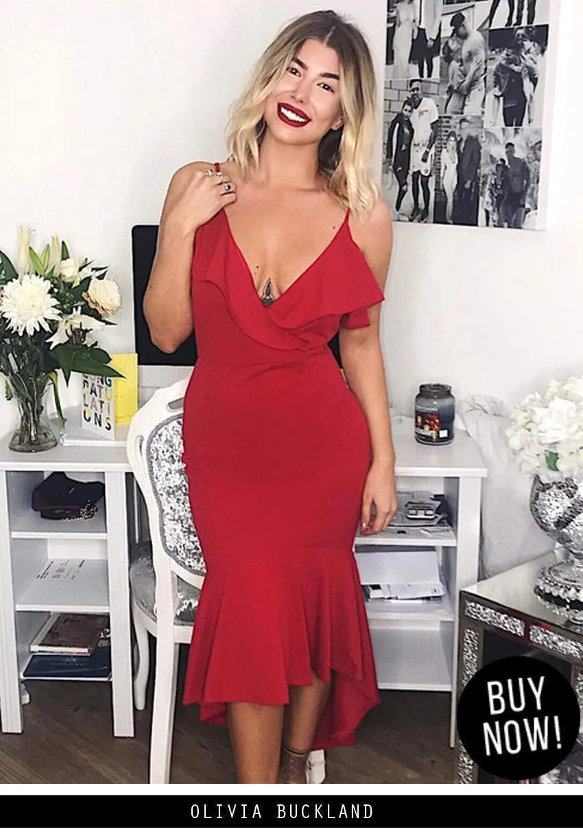 Red Wrap Fishtail Midi Dress sold by AX Paris