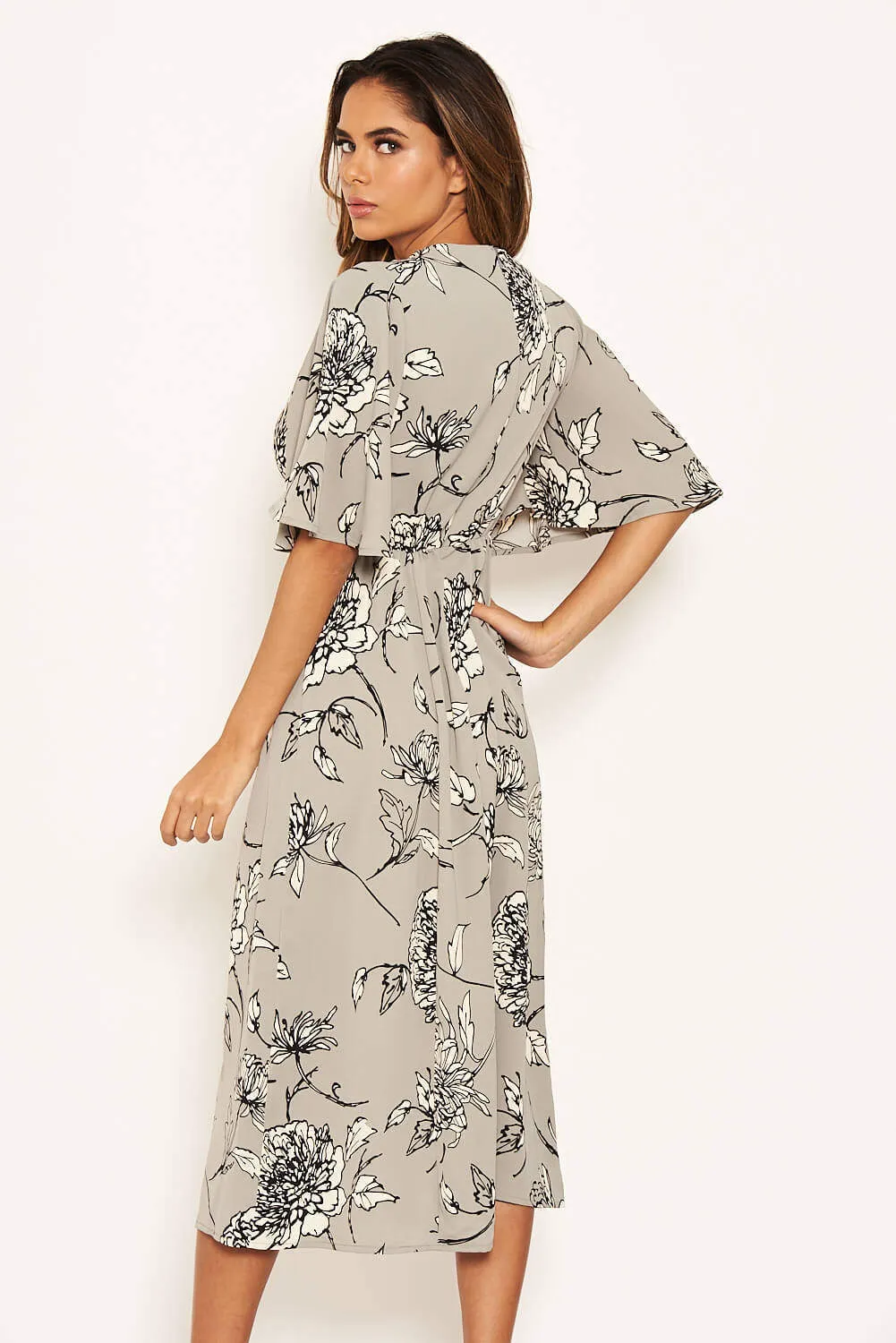 Grey Floral Gathered Split Midi Dress sold by AX Paris product image thumbnail 5