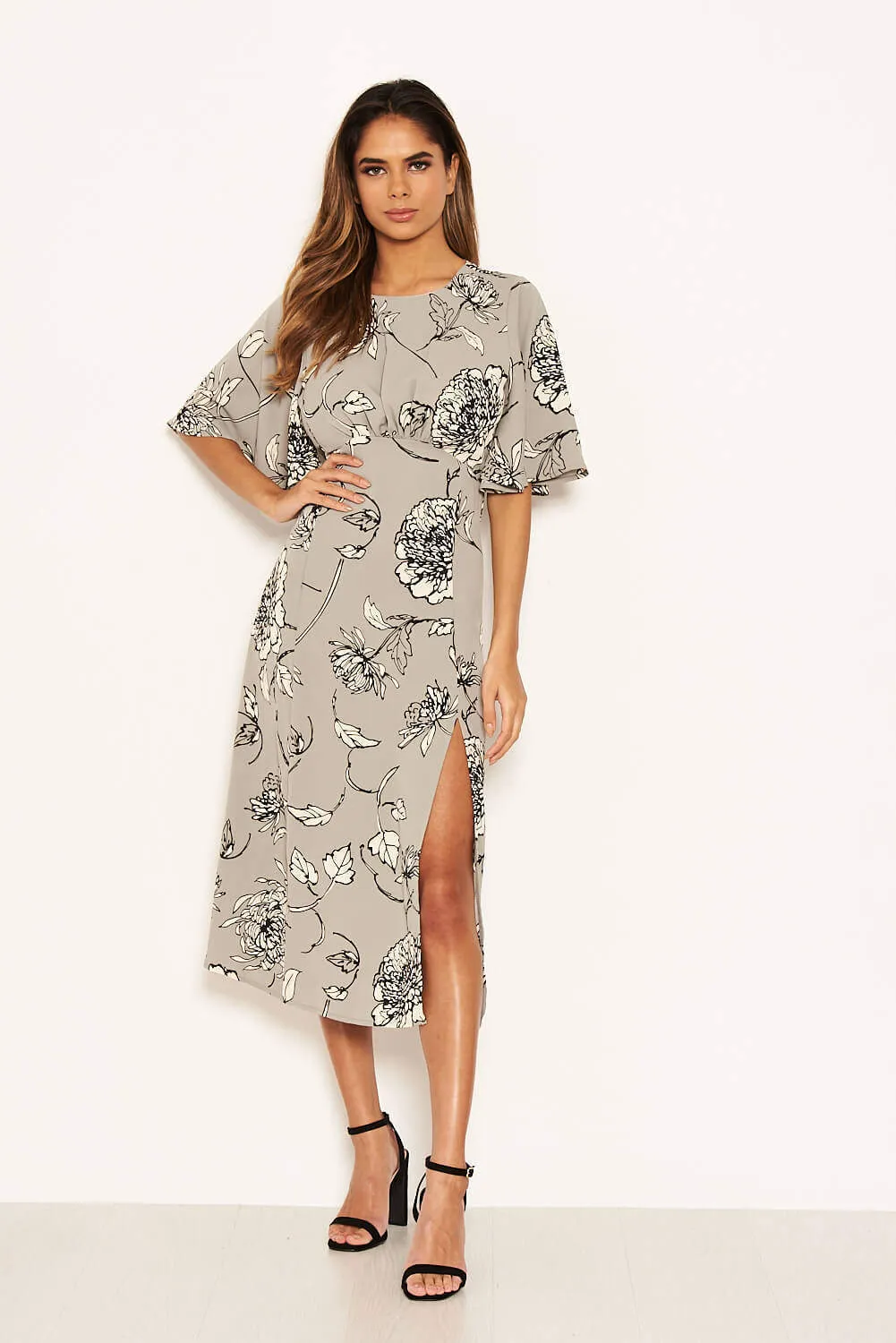 Grey Floral Gathered Split Midi Dress sold by AX Paris product image thumbnail 2